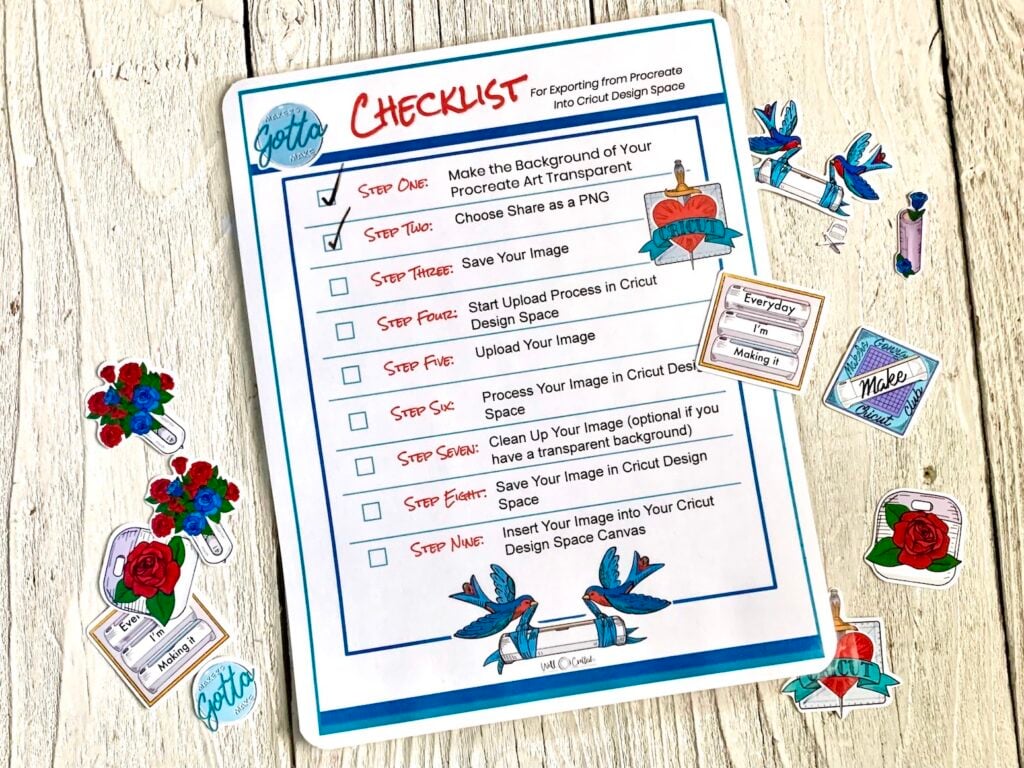 Checklist with Stickers for Uploading Procreate Art into Cricut Design Space